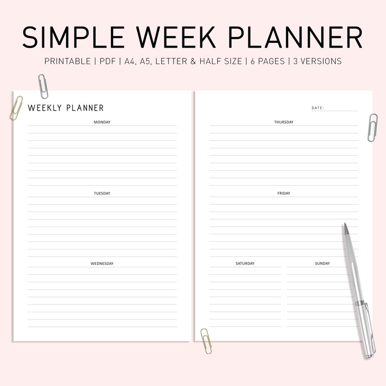Minimalist Weekly Planner Printable: A4 A5 Letter Sizes (PDF Download ...