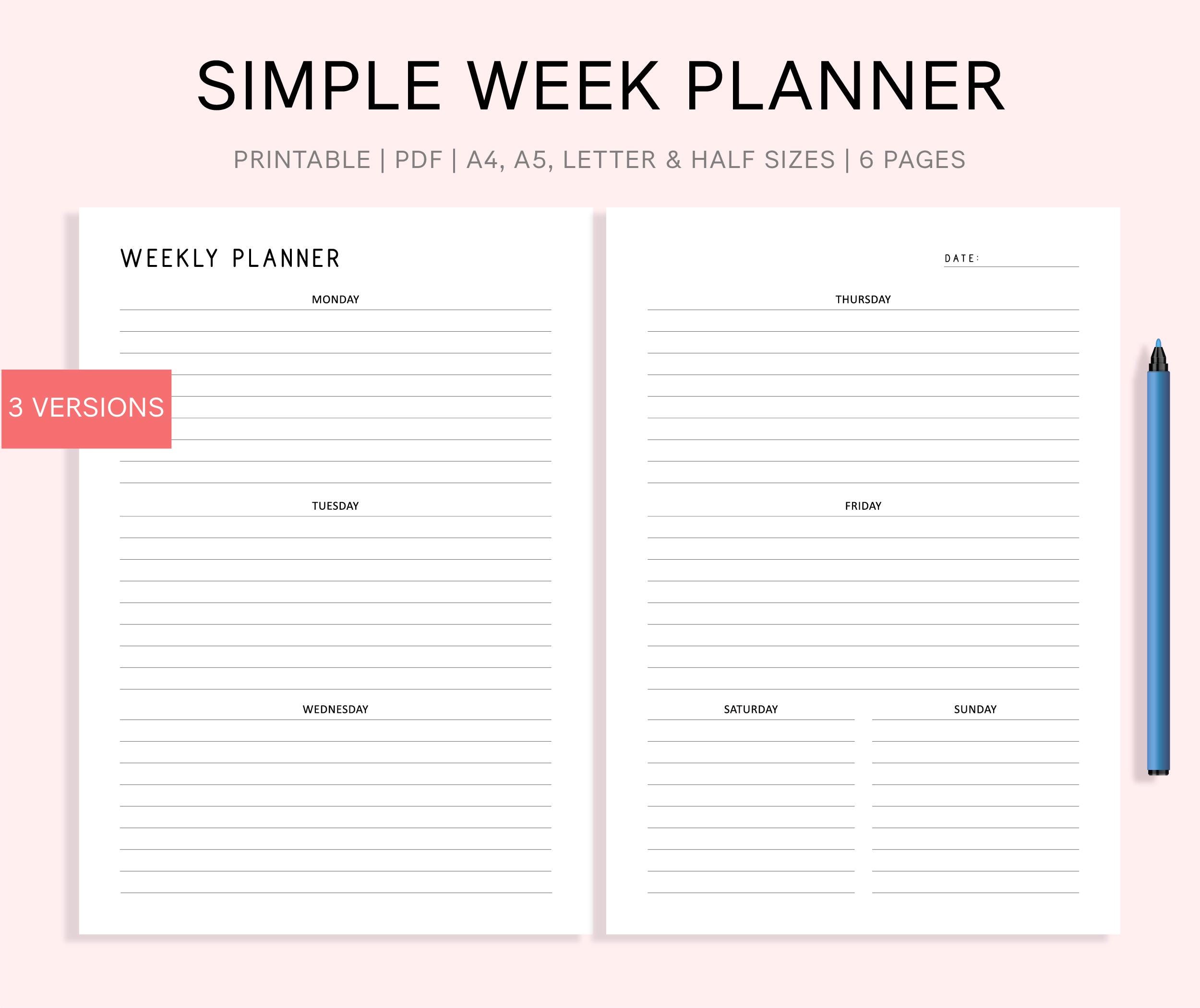 Minimalist Weekly Planner Printable: A4 A5 Letter Sizes (PDF Download ...