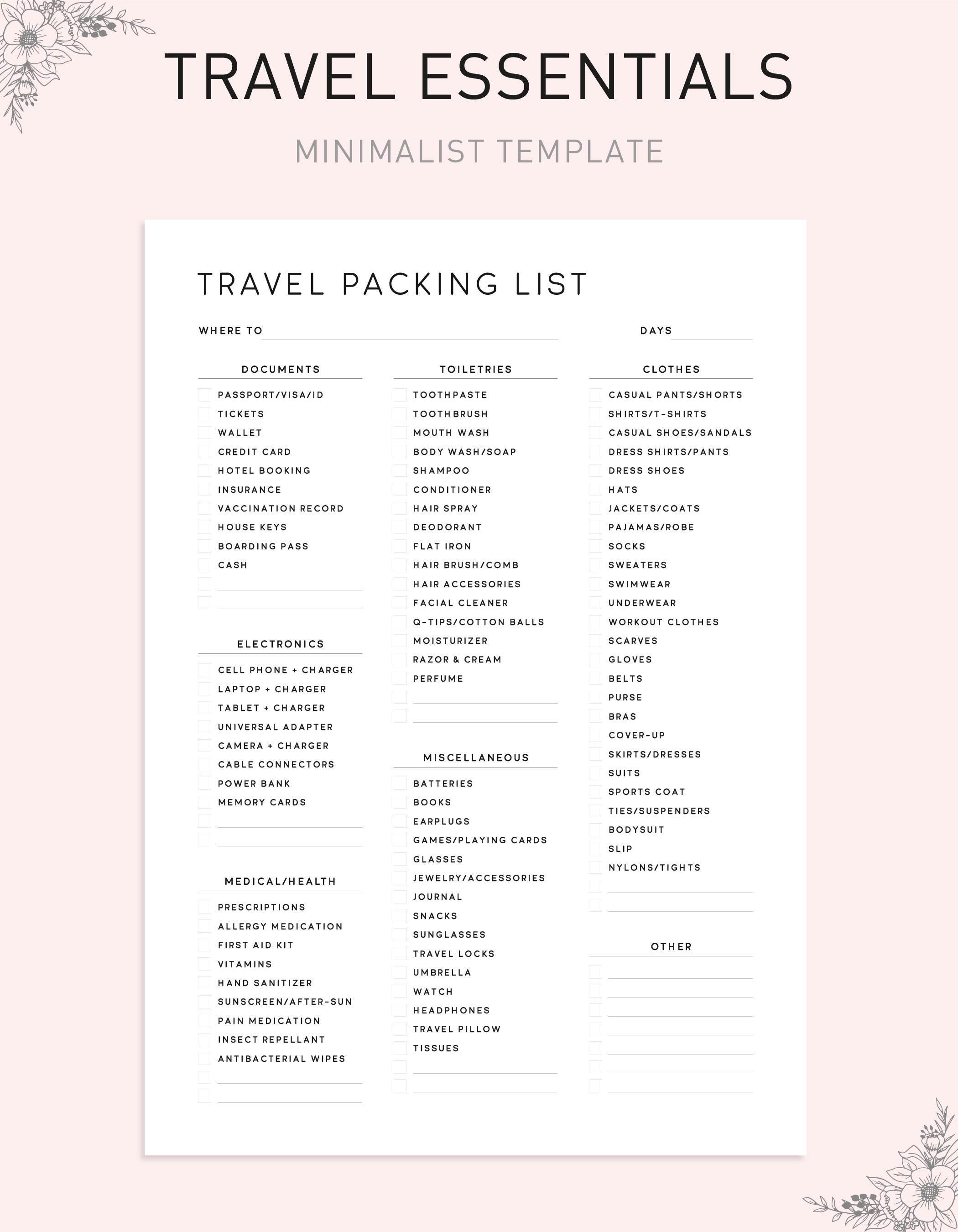 Minimalist Travel Packing List, Printable Checklist (A4, A5, US Letter ...