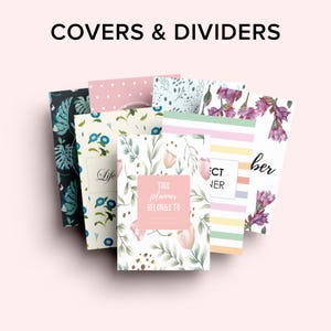 K&ouml;nnte beinhalten: Eine Sammlung von Planer-Covern und -Trennw&auml;nden mit verschiedenen floralen und gemusterten Designs. Die Cover zeigen Texte wie "Life" und "This planner belongs to". Die Farbpalette umfasst Rosa, Blau, Gr&uuml;n und Wei&szlig;.