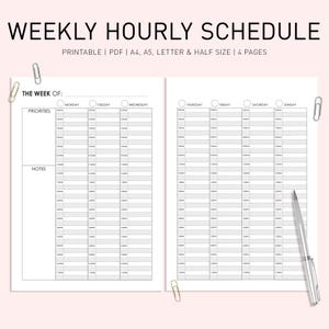 Weekly Hourly Planner on 2 Pages Printable, Weekly Schedule A5, Printable Week Planner, Undated Weekly Planner, Week at a Glance Printable