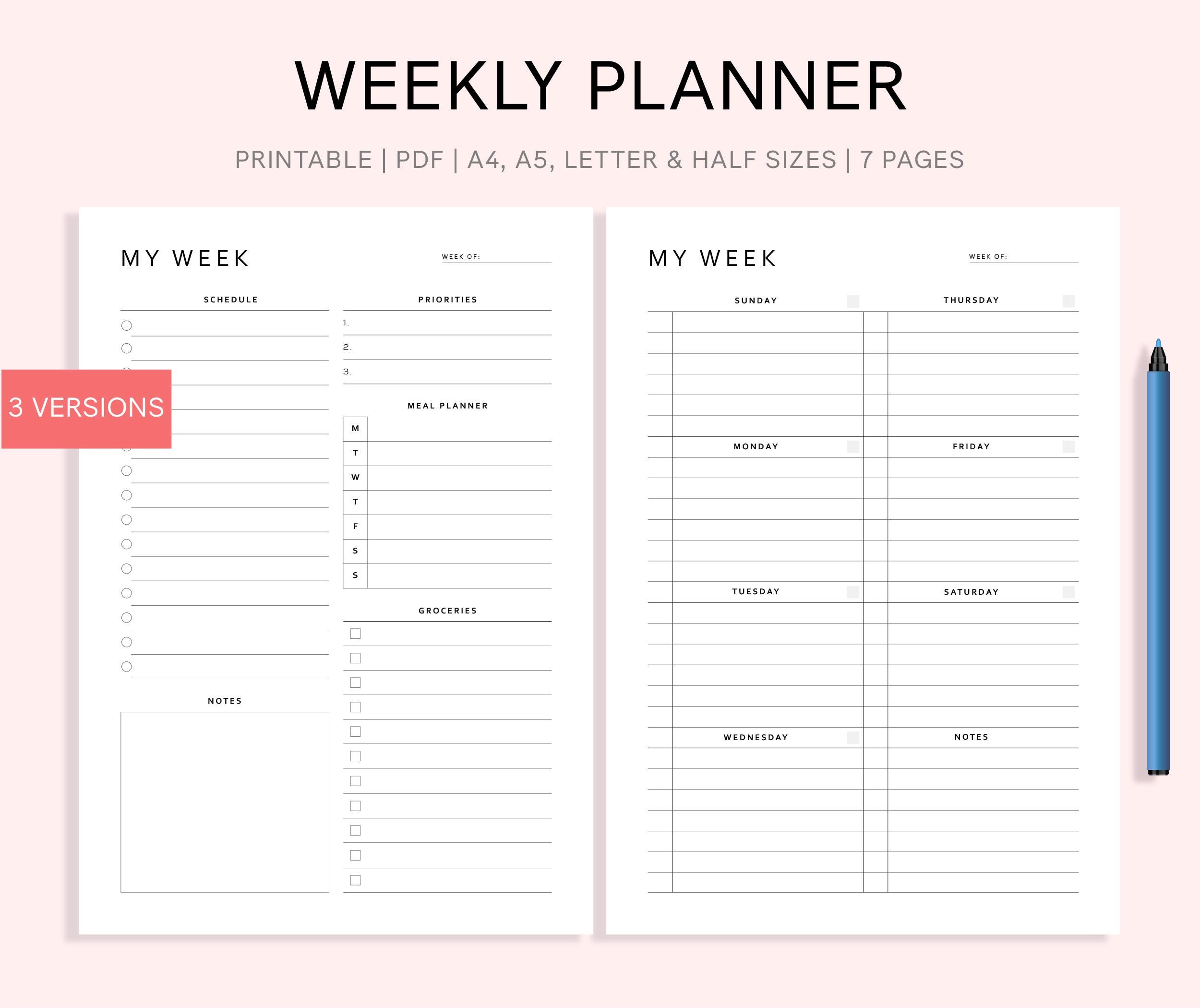 Undated Weekly Planner Printable: A4 A5 Inserts (PDF) | Week Schedule ...