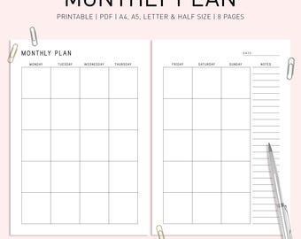 Undated Monthly Planner Printable: Minimalist Design (PDF Download, 8 Pages)