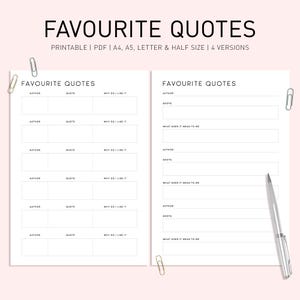 Favorite Quotes Tracker Printable: Digital Journal & Log (PDF Download A4/A5/Letter Sizes)