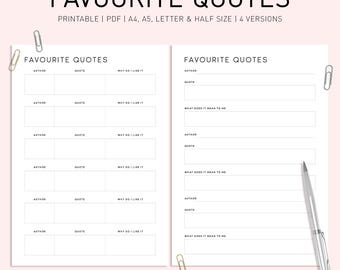 May include: Printable journal pages for writing down favorite quotes. The pages are divided into three columns: Author, Quote, and Why Do I Like It. There are six quote entries on each page.