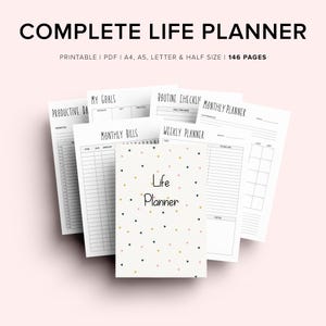 May include: A printable life planner set featuring 146 pages in A4, A5, letter, and half sizes. The collection includes sheets for goals, bills, routines, and weekly schedules, with a cover page displaying the text Life Planner and small triangles.