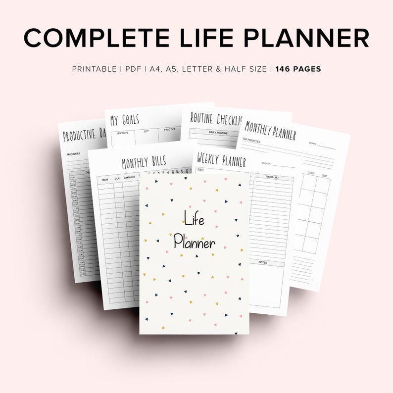 May include: A printable life planner set featuring 146 pages in A4, A5, letter, and half sizes. The collection includes sheets for goals, bills, routines, and weekly schedules, with a cover page displaying the text Life Planner and small triangles.