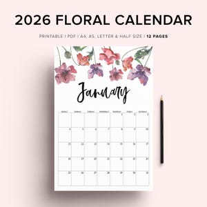 Printable Monthly Calendar 2026, Dated Floral monthly calendar 2026, Digital Watercolor calendar, 2026 Botanical Calendar A5, calendar A4 A3