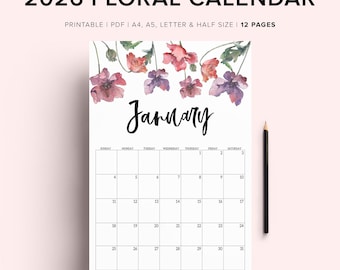 Printable Monthly Calendar 2026, Dated Floral monthly calendar 2026, Digital Watercolor calendar, 2026 Botanical Calendar A5, calendar A4 A3