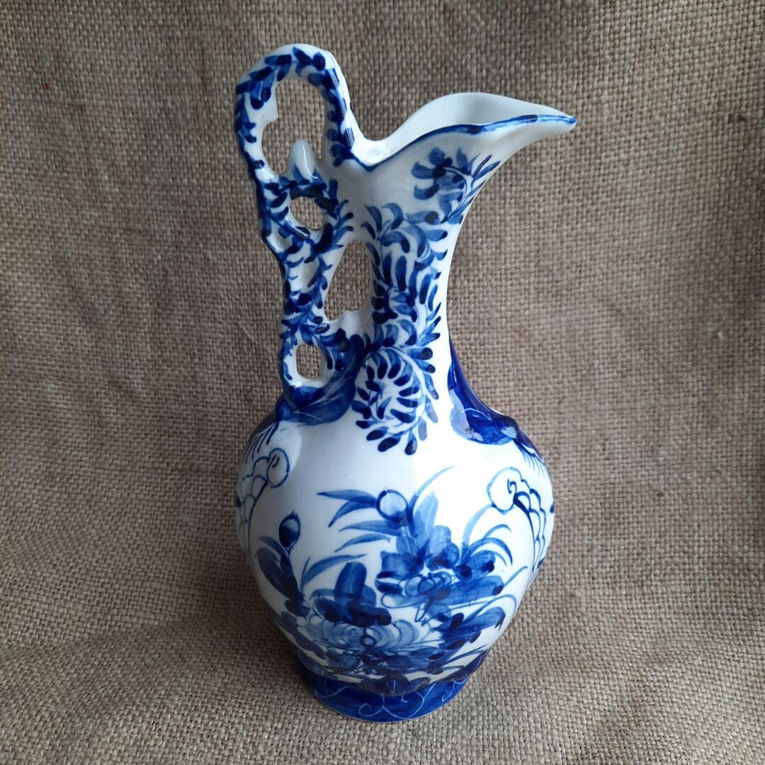 Vintage White and Blue Asian Pitcher With Plant Design – Vietnamese ...