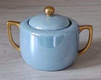 Vintage Blue Porcelain Sugar Bowl With Lid Gold Handles Signed Mid Century Decor