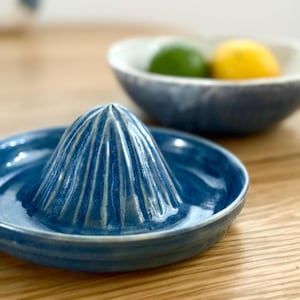 Ceramic Lemon Squeezer: Wheel-Thrown Pottery Citrus Juicer on Blue or Orange
