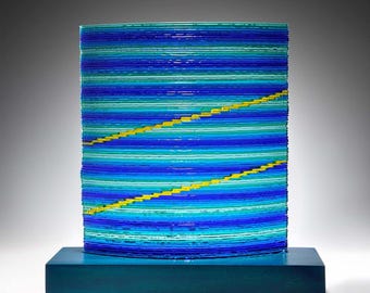 Blue Horizon, art glass panel, home decor, glass art, modern, contemporary, glass sculpture