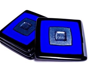 Cobalt Blue and Silver Cosmo Coasters, home decor, art glass, glass coasters,