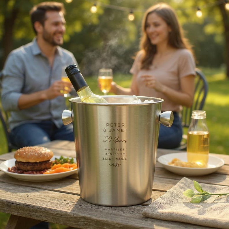May include: A stainless steel wine chiller with the inscription "Peter & Janet 50 Years Married!! Here's to Many More" holds a bottle of white wine. The scene includes a burger, side dishes, and two people.