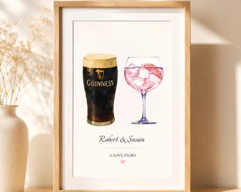Personalised Watercolour Drinks Print | Custom Couples Alcohol Gift | His & Hers Drink Art | Wedding, Anniversary Gift |Drinks Greeting Card