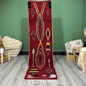 Luxurious Handmade Moroccan Runner Rug,Berber Tribal Hallway Carpet,Red Wool Rug with Bold Geometric Symbols,Artisan Boujaad Runner Rug
