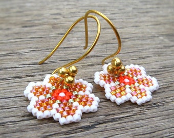 Earrings - Orange Tree Flora - White. Bright Orange, Orange rainbow luster and Metallic Spring Green - Gold or Silver