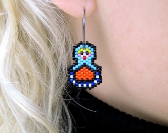 Earrings - Tiny Blonde Babushka Girls - Multicolor and Black sterling silver hoops