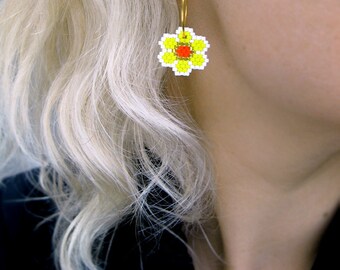 Earrings - Party Flowers - Bright Yellow, silver-lined Yellow, Bright Orange and White -k Gold plated sterling silver hoops