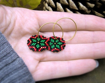 Earrings - November Flowers - Green, Red, Black and Gold plated beads - 24k gold plated sterling silver hoops