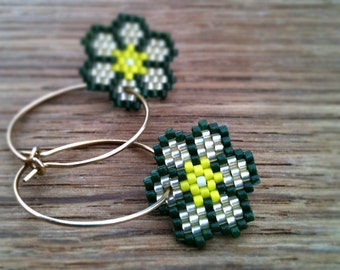 Earrings - Yellows and Hunter Green Flowers - Bright Yellow, Silver-lined Light Yellow, Opaque Light Yellow and Hunter Green