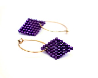 Earrings - Diamond Drops - Plum Purple and Metallic Purple, Gold plated Sterling Silver hoops