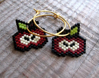 Earrings - Bloody Red Apples - Dark Red, Spring Green, Dark Brown, Eggshell, Black and 24ct Gold plated Sterling silver hoops