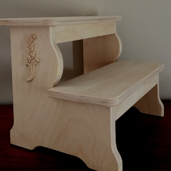 13"  H - 2 - Wood Step Stool -   Sanded Finish W/Ornate