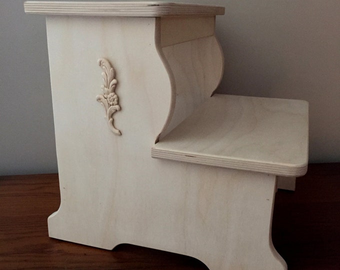 15" H 2 Wood Step Stool - Sanded Finish W/Ornate