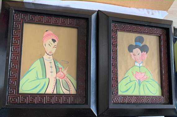 Vintage Paintings ~ Amazing Pair Exotica Kitsch Hand-Painted Gouache Prints ~ Chinoise Thai Portraits - Vertical set