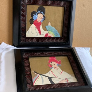 Pair Exotica Kitsch Hand-Painted Gouache Painted Lithographs ~ Chinoise Thai Portraits