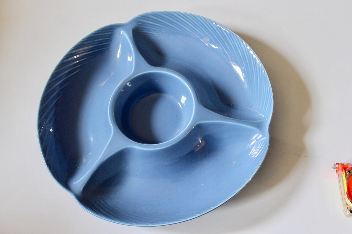 Large Blue Divided Snack Bowl Ceramic Tray Relish Dish Etsy