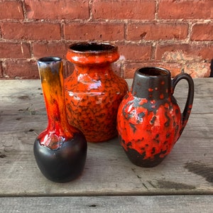 Vintage Red Black Lava Glaze Vases Set of 3 West Germany Pottery