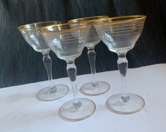 Vintage Cordial Glasses with Horizontal Lines in 22-K Gold Stemware