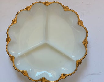 Vintage Anchor Hocking #896 White Milk Glass 22K gold trim Deviled Egg Plate