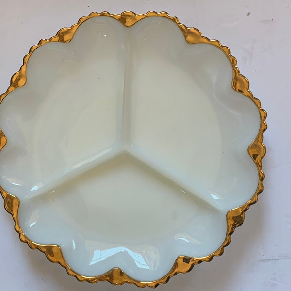 Vintage Anchor Hocking #896 White Milk Glass 22K gold trim Deviled Egg Plate