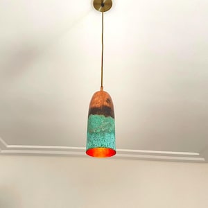 Elegant Oxidized Copper Pendant Light, Green Patina Farmhouse Light Fixture, HandcraftedLong Copper Pendant Lamp