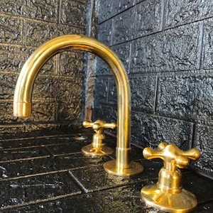 Unlacquered Brass Bathroom Faucet: Deck Mounted 3-Hole Sink