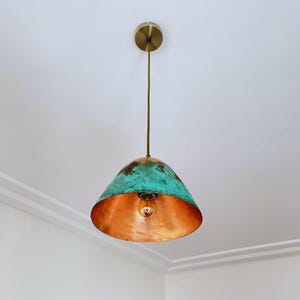 Handcrafted Set of 3 Rustic Copper Pendant Lights with Green Patina Finish, Farmhouse Style Ceiling Light Fixtures