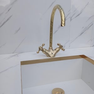 Unlacquered Brass Bathroom Faucet: Antique Moroccan Engraved Gooseneck