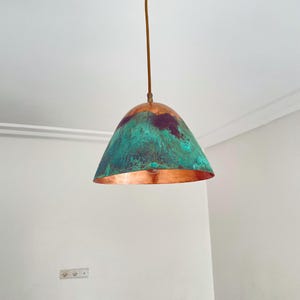 Elegant Oxidized Copper Pendant Light, Green Patina Farmhouse Light Fixture, HandcraftedLong Copper Pendant Lamp