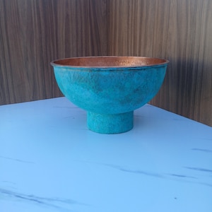Hammered Copper Bathroom Vessel Sink: Green Patina Finish