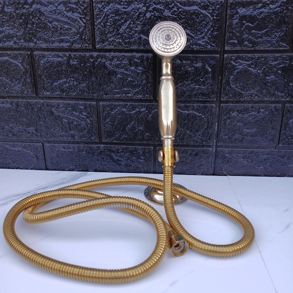 Handmade Unlacquered Brass Hand Held Shower, Handheld Shower with Hose Flexible