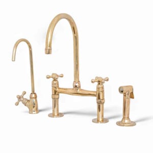 Classic Brass Kitchen Bridge Faucet With Lever Handles and Swivel Spout, Unlacquered Solid Brass Design With Sprayer.