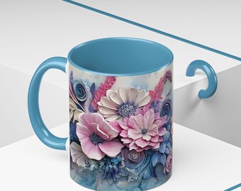 Coffee Mug, Flowers Butterfly Design - Floral Tea Cup, Insect Lover Gift, Nature Lover Decor, Animal Theme Kitchenware, Garden