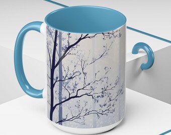 Mug, Trees in a Snowing Day Accent Coffee Mug (11, 15oz), Winter Snow Ceramic Cup, Holiday Hot Chocolate Tea Cup, Christmas Gift Mug, Nature