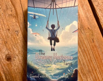 Può includere: Un mazzo di carte dei tarocchi intitolato "The Dreamy Horizons Tarot" con un'illustrazione di una persona su un'altalena con deltaplani nel cielo. Il testo "Created with AI by inner_reflect" è in basso.