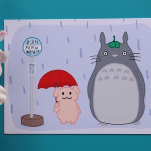 Cartolina postale fermata dell'autobus Totoro e McPuff - Carta opaca di qualità