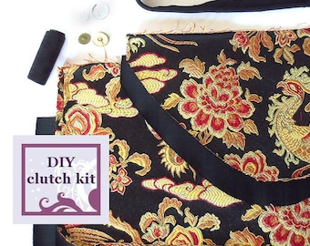 diy handbag kit - black satin damask envelope clutch - pre cut fabric with PDF pattern